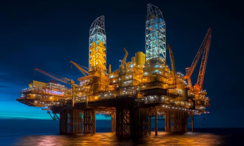 offshore oil and gas rigs at night