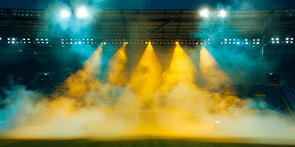 blue and yellow light at stadium at night