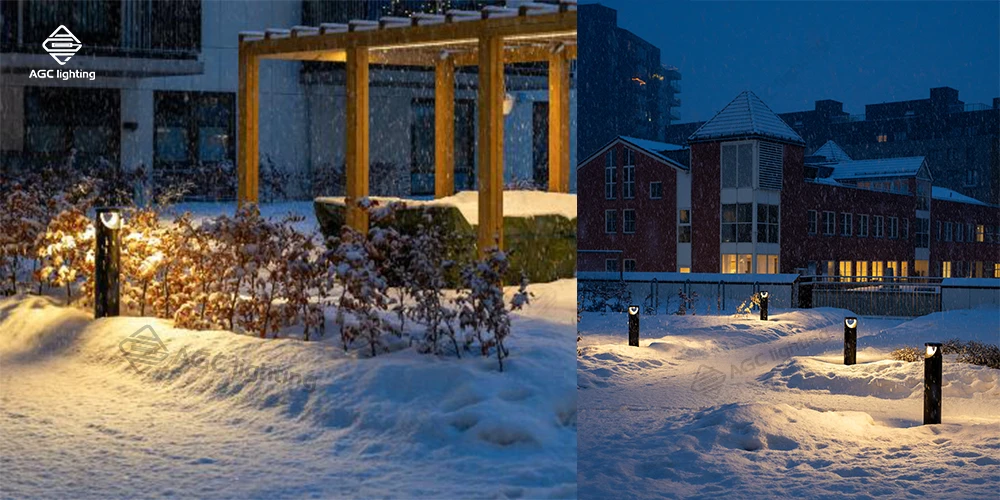 bollard light shine on urban light at snow day