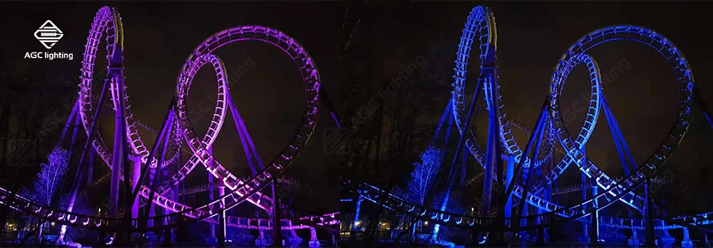 colorful lighting roller coaster at night