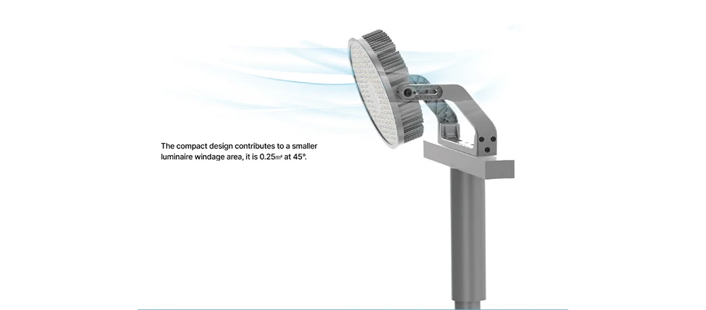 compact design of round flood light has lower windage area