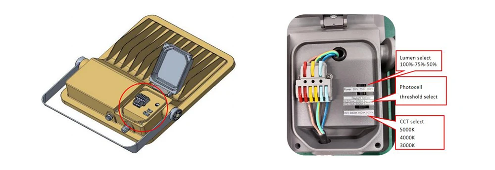 heat sink and CCT power selectable features of LED flood light