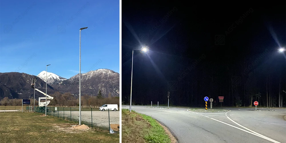 solar street lights installation and illuminate the road at night