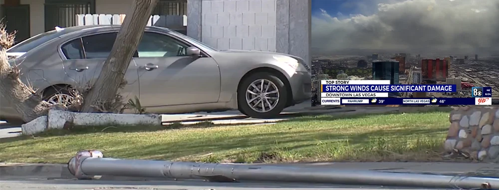 toppled light poles after heavy wind swept through