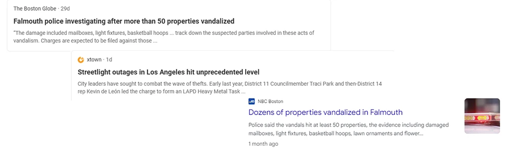 a screenshot of Google search about lighting fixture vandalism