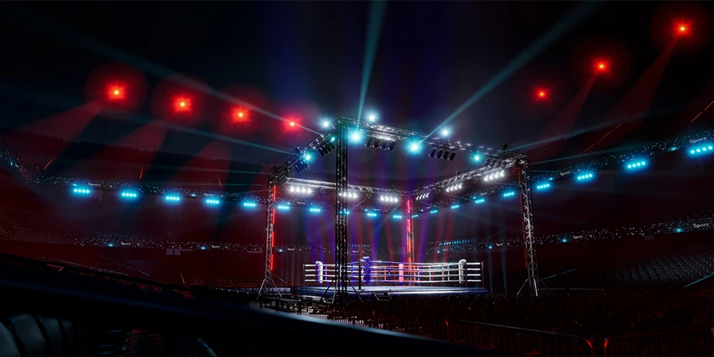 boxing arena with colorful lighting and bright light focus on ring