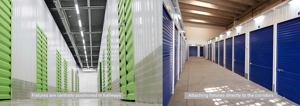 different placement of lighting fixtures in the interior of self storage units