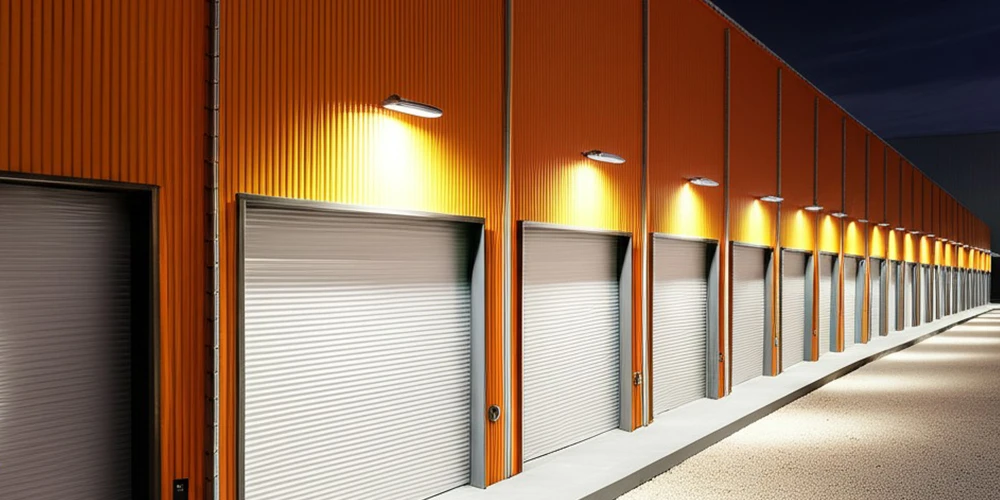 outdoor areas of self storage units with wall packs bright at night