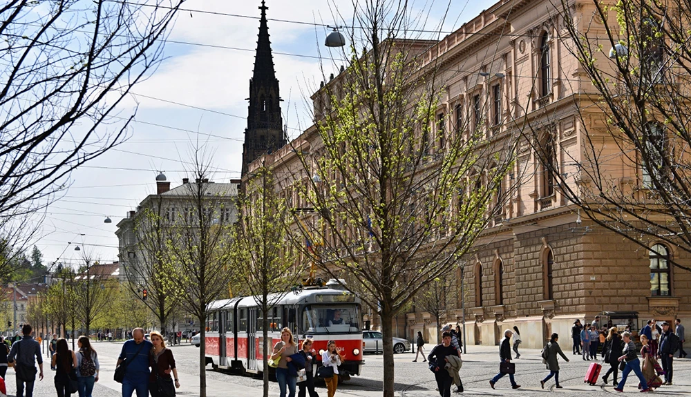 urban city center with tram many pedestrian and catenary lighting